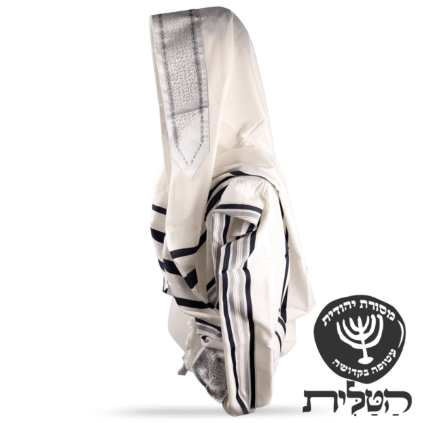טלית צמר תשבץ קל פסים כחול כהה