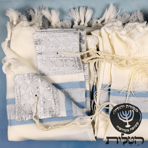 טלית צמר תשבץ קל קודש פסים תכלת