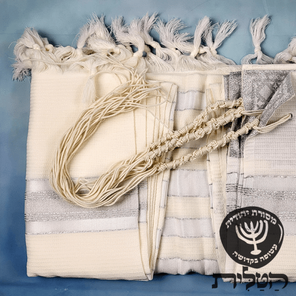 טלית צמר תשבץ קל קודש פסים כסף