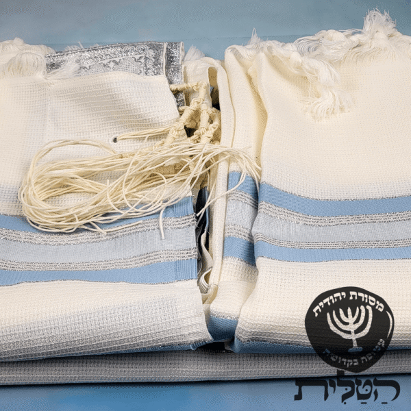 טלית צמר תשבץ קל קודש פסים תכלת