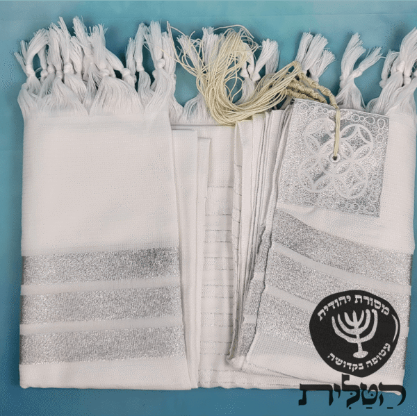 טלית חתנים תשבץ קל אקרילן פסים כסף