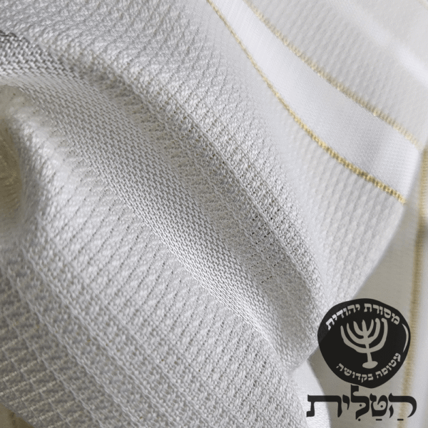 טלית צמר תשבץ קל פסים זהב