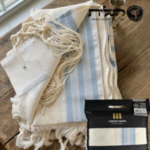 טלית צמר תשבץ פסים תכלת - קשורה עבה ספרדי