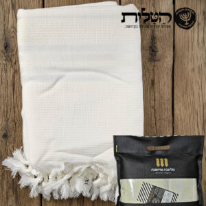 טלית צמר תשבץ פסים לבן - קשורה עבה ספרדי